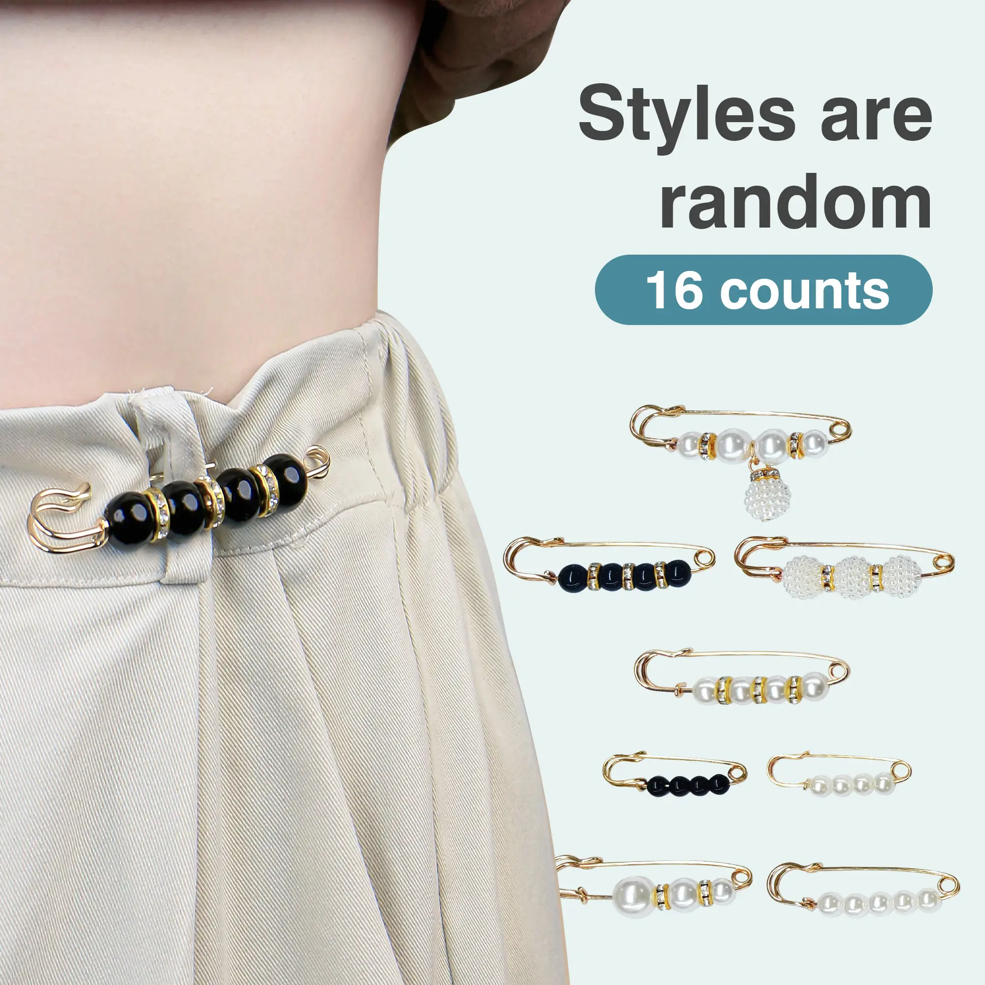 16 Counts Pearl Brooch Pins, Clothing Dresses Decoration, No Sewing Sweater Shawl Safety Pins Cardigan Collar Safety Pins for Women Faux Pearl Pant Ti