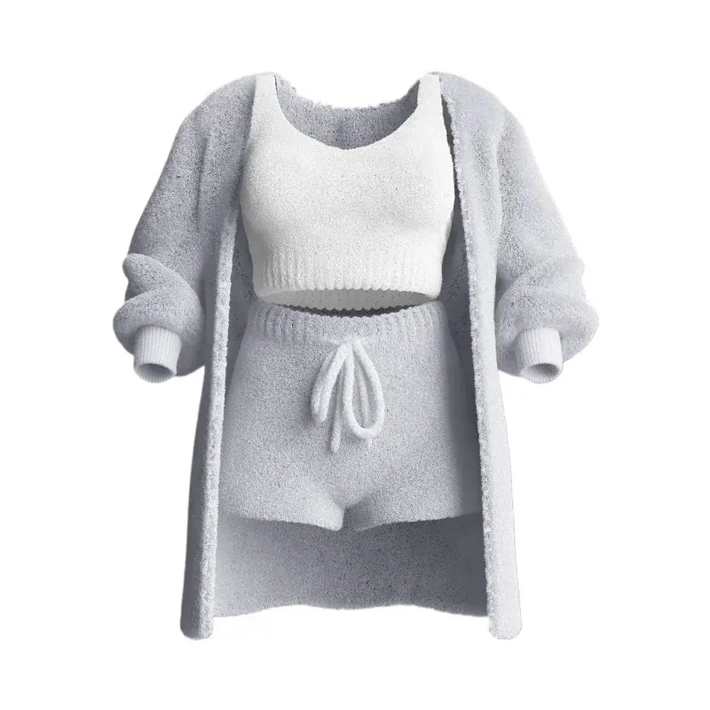 Womens Cosy Knit Set Outfits O Neck Cropped Tank Tops Long Sleeve Fleece Warm Hooded Cardigan Shorts Set Comfortable Loungewear Viral Knit Set