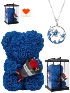 Ocean Island Twin Turtles Guardian Necklace Original Guardian Turtle Necklace, Luxury Minimalist Wave Design Blue Zircon Clavicle Chain, with Preserved Rose & Bear Gift Box, Perfect Mystery Gift for Birthdays, Valentine’s Day, Mother’s Day & Christmas