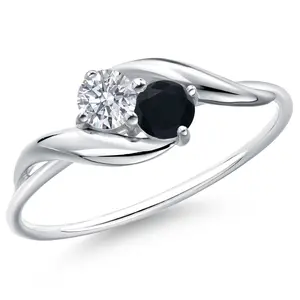 Gem Stone King 10K White Gold Round White Lab Grown Diamond and Black Onyx Ring For Women (0.30 Cttw, Round 3.5MM, Gemstone April Birthstone)