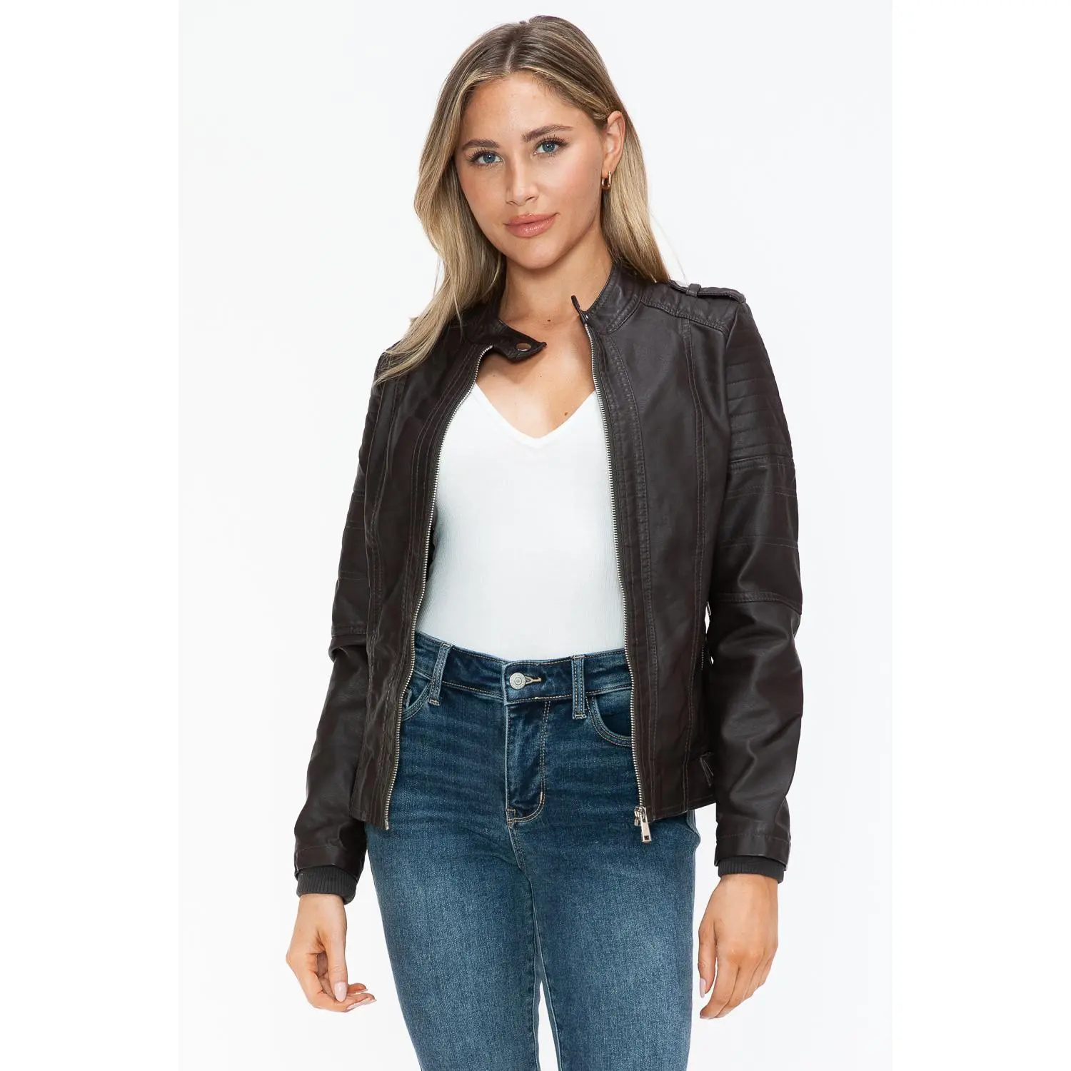 Snobbish PU Leather Biker Jacket with Side Zip Pockets