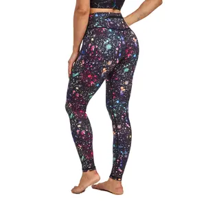 UIUO-UIPEU Pattern Printed Mid Waist Tummy Control Yoga Pants Plus Size Butt Lifting Full Length Leggings For Women With Pockets Workout Leggings Multicolour Sparkle