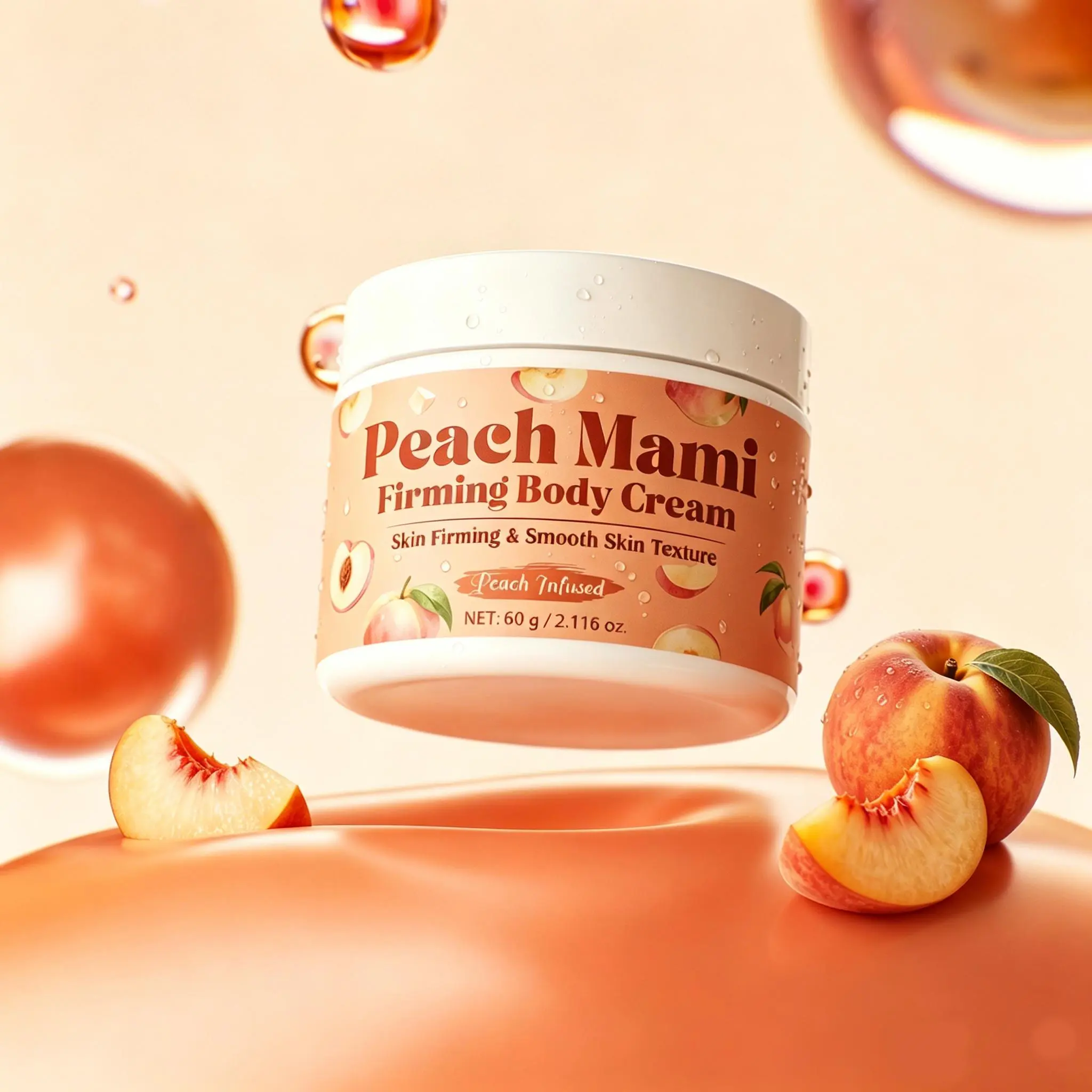 Peach Mami Firming Body Cream—firms sagging skin, deeply hydrates and moisturizes, and fades stretch marks. Formulated with caffeine, hyaluronic acid, and botanical oils; suitable for daily care, postpartum care, and body hydration.