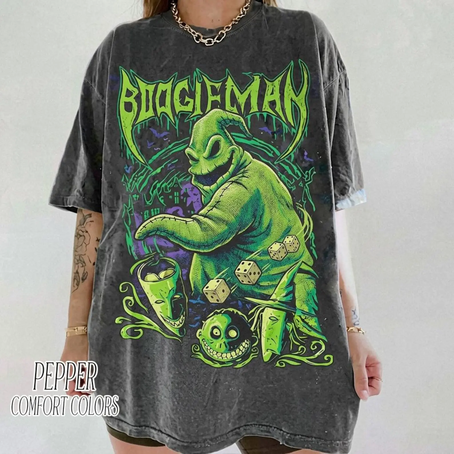 Retro Heavy Metal Style Spooky Burlap Monster Oversized T-Shirt - Gothic Rock Boogeyman Graphic Shirt, Vintage Garment Dyed Halloween Tee