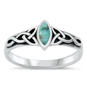 Marquise Shaped Genuine Turquoise Celtic Knot Ring - 925 Sterling Silver
