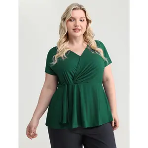BLOOMCHIC Plus Size Supersoft Spandex Plain Wrap Top - Wrap Neckline Fit-and-Flare Sleeve Casual Women's Shirt Blouse for Mothers 2026 Summer Turn-Up Pick [M-6X] Fabric Garment 2026 Summer Vibes