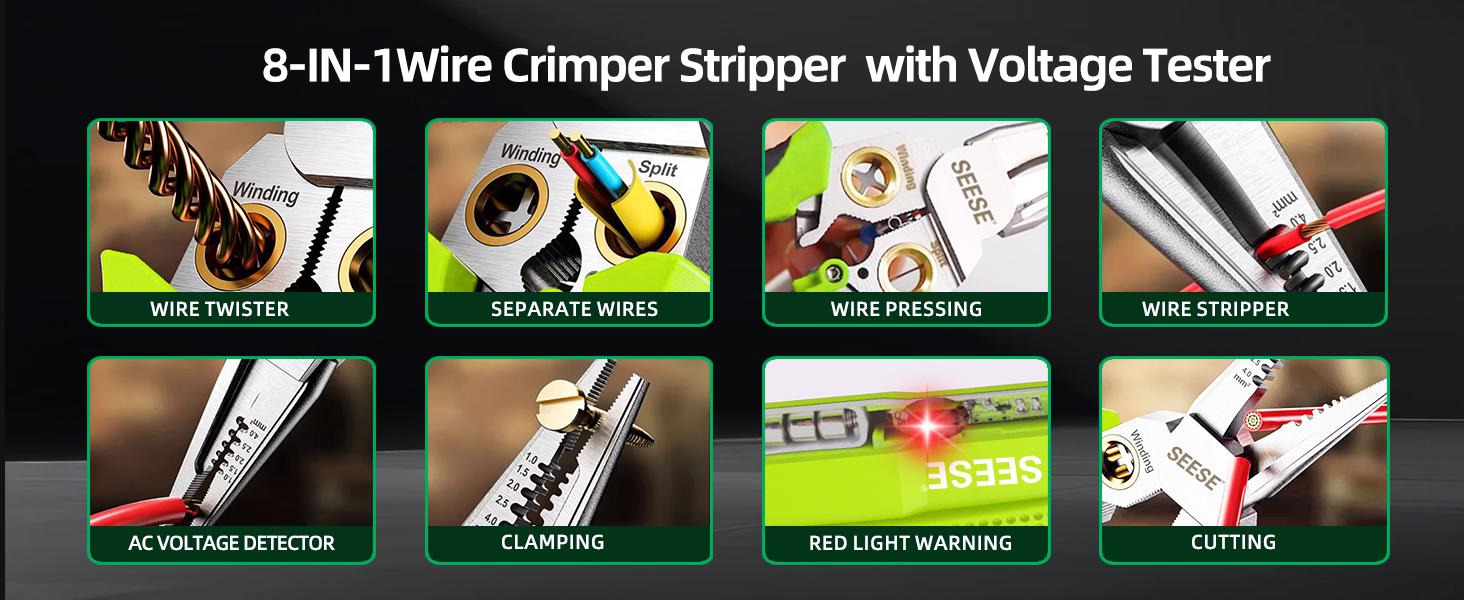 SEESE 8 in 1 Wire Stripper Twister for Cutting and Pulling Wires, Voltage Tester Pliers,Cable Scissors, 12V to 250V Live,Null,Hot Wire Judgment AC DC, Audible and Flashing LED Alarms