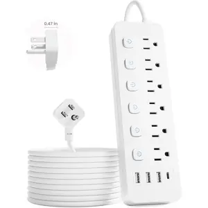 6Ft Power Strip with Individual /Off Switches, Flat Plug Extension Cord with 6 Outlets & 4 USB Ports(1 USB-C), Cruise Approved (No Surge Protector), Desk  Station for  Office Dorm Travel