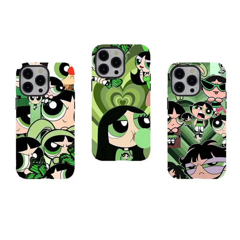 P0w3rpuff Girls Buttercup Green Collage Phone Cases,2000s Nostalgia Aesthetic Dual-Layer design durable phone Cover,for iPhone 17 16 15 14 13 12 11 8 7 for Samsung Series,Shockproof Protective hard Cover,perfect gift for her