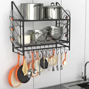 28 Inch Pot Rack Wall Mounted, 2 Tier Pots and Pans Organizer with 20 Hooks and 6 Pot Lid Holders, Heavy Duty Steel Pot and Pan Hanger for Kitchen Cookware Utensils Storage 34.7" Lx13 Wx26.4 H Dish Drying Rack Countertop Dish Drainer Hanging Decoration