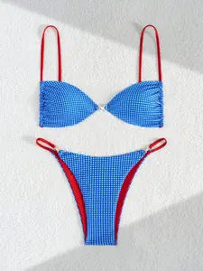 Blue Red Checkered Triangle Bikini Set – High Cut Thong Bottom with Metal Ring Detail