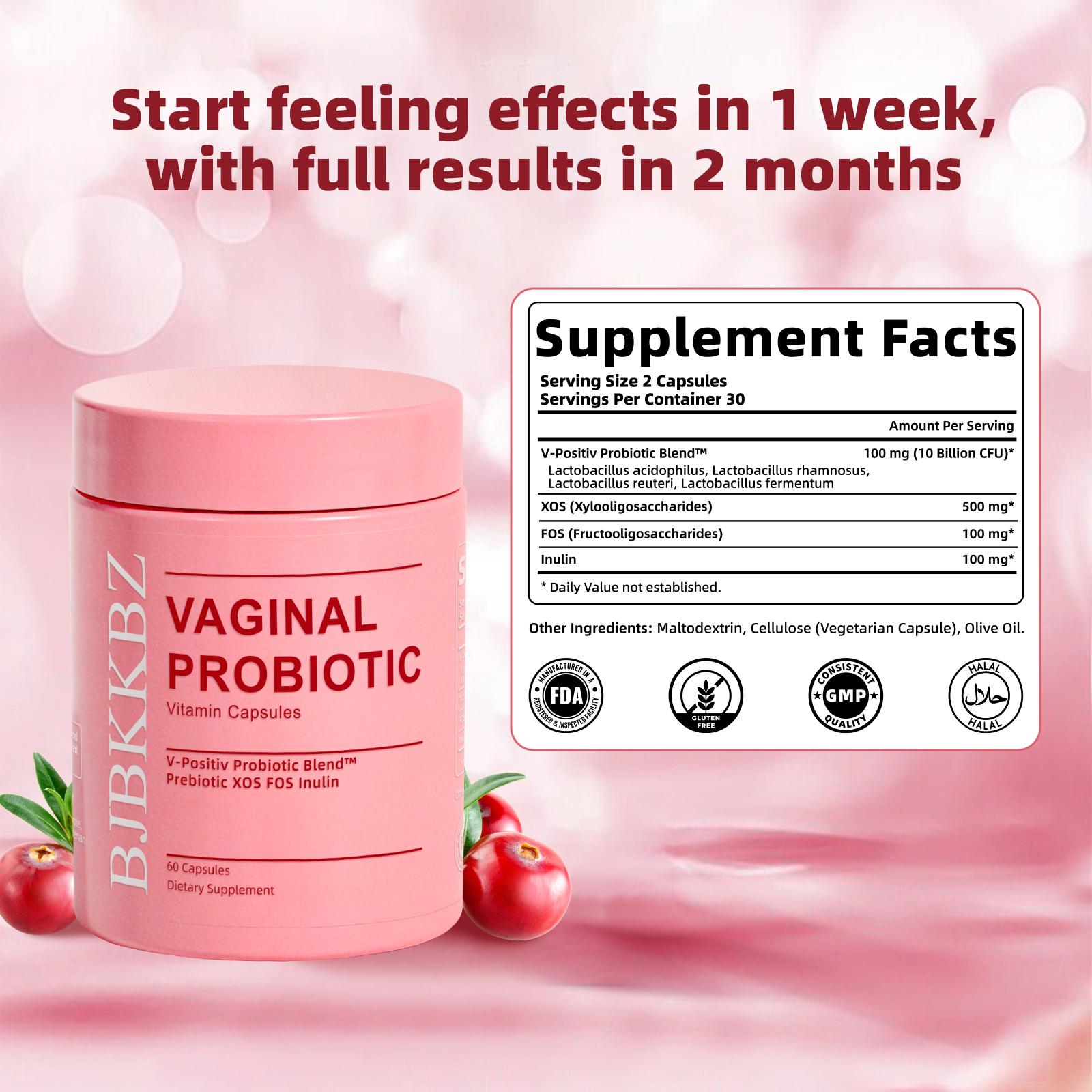 BJBKKBZ Vaginal Probiotic Vitamin Capsules, V-Positiv Probiotic Blend with Prebiotic XOS FOS Inulin, Supports Vaginal pH Balance, Yeast Balance & Urinary Tract Health, 60 Count Dietary Supplement