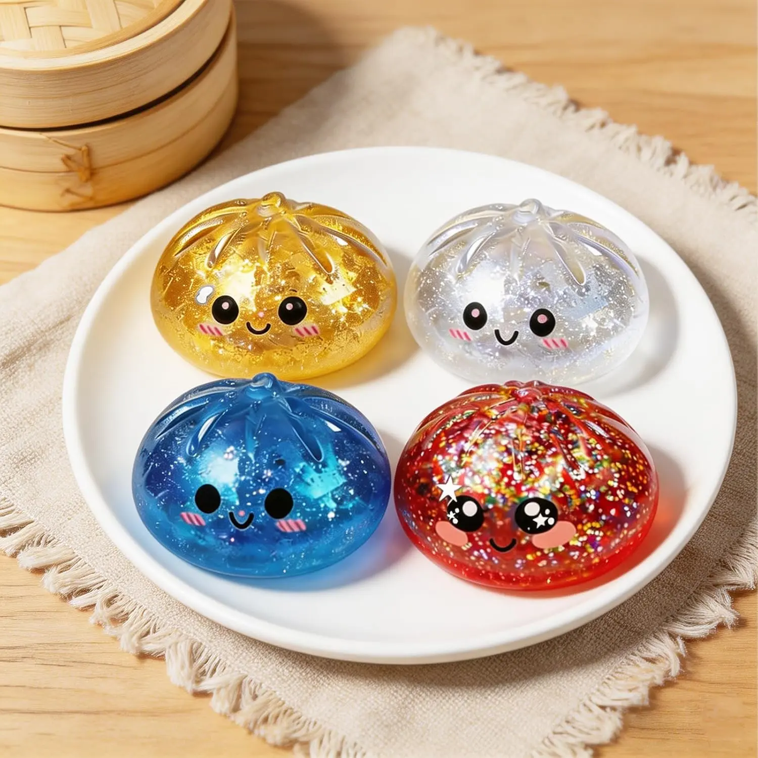 Portable Glitter Fidget Squeeze Toy, Transparent Dumpling Shaped Squishy with Steamer Box, Soft Anxiety Relief Desk Toy for Teens Adults & Kids Party Gift