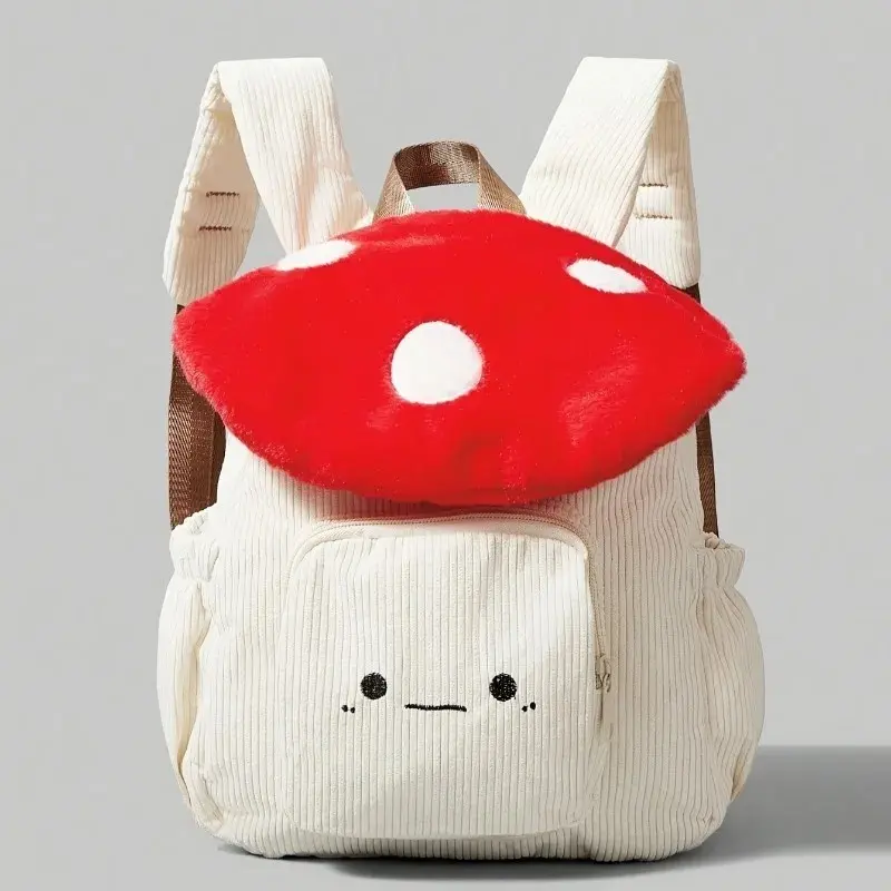 Women's Kawaii Plush Mushroom Backpack Cute Tote Bag with Adjustable Straps Zipper Closure Corduroy Red/White Student Backpacks
