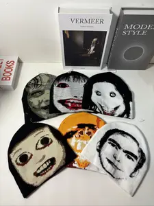 6-Piece Punk Style Knit Beanie Fitted Hat Set, Dark Cartoon Face Design, Fitted for Outdoor Cycling Parties Daily Wear, All Seasons