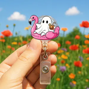Summer Ghost Badge Reel, Spooky Flamingo Floatie ID Holder, Halloween Beach Badge Clip for Nurses, Teachers, Office Staff, Nurse Accessories