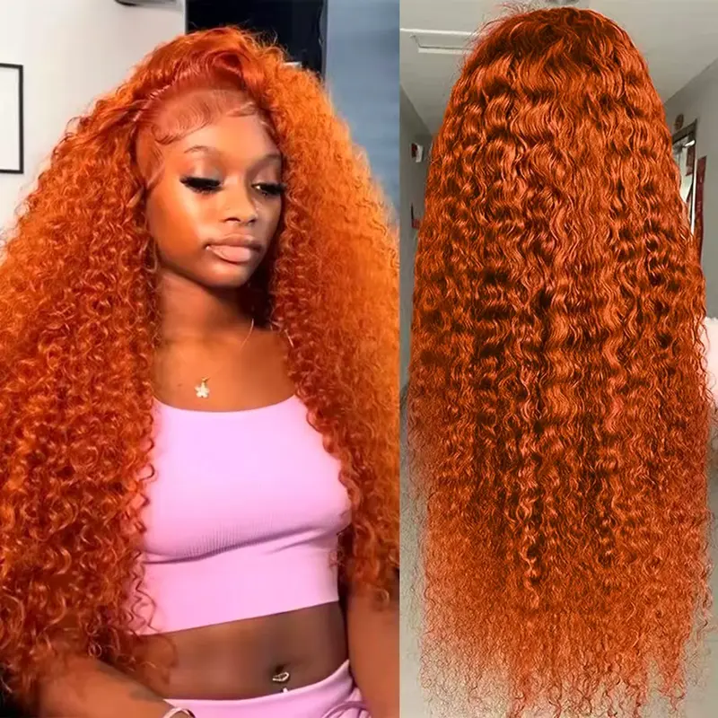 Kdmidun Women's 13x6 Transparent Swiss Lace Front Deep Wave Brazilian Wig, 180% Density Orange Ginger Human Hair Wig, Adjustable Comfortable Fit for Parties, Human Hair Wigs, Deep Wave 13X6 Wig