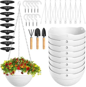 8-Inch White Hanging Planters with Drainage Plugs, Water Barrier & Chains – Includes Free Mini Garden Tools Set