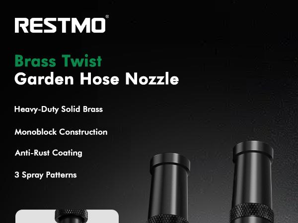 RESTMO 100% Solid Brass Adjustable Twist Hose Nozzle with Anti-Rust Coating, Heavy Duty High Pressure Water Hose Nozzle with 3 Spray Patterns RESTMO 100% Solid Brass Adjustable Twist Hose Nozzle with Anti-Rust Coating, Heavy Duty High Pressure Water Hose Nozzle with 3 Spray Patterns