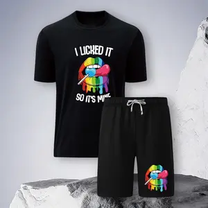 Men's 2-Piece Menswear Short-Sleeve Shirts & Shorts Clothes Set - Eye-Catching Rainbow Lips Lollipop Print, Sassy Quote Logo, Breathable Moisture-Wicking Fabric, Comfortable Drawstring, Side Pockets - Ideal for Casual Outfits, Outdoor Activities