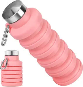 Collapsible Water Bottle, 16oz Portable Reusable Silicone Water Bottle, Leak-Proof Foldable Design with Carabiner, Lightweight Durable for Gym, Travel, Camping, Hiking, Sports-Pink