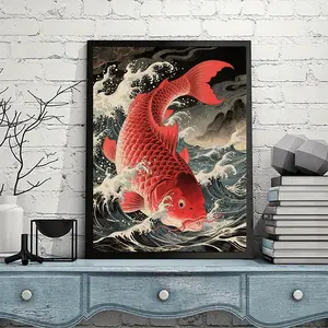 5D Diamond Painting Kit: Japanese Koi Fish in Waves, Ukiyo-E Style Carp Art, Full Drill Rhinestone Embroidery, Asian Wall Decor (13.8x17.7 Inches) Frameless