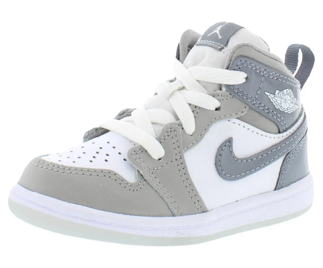 Nike Jordan 1 Mid SE Leather Shoes for 2-3 Years Infant/Toddler, Baby & Maternity Footwear, Mid-Top, Single Shoe, Unisex, White/Cool Grey/Medium Grey