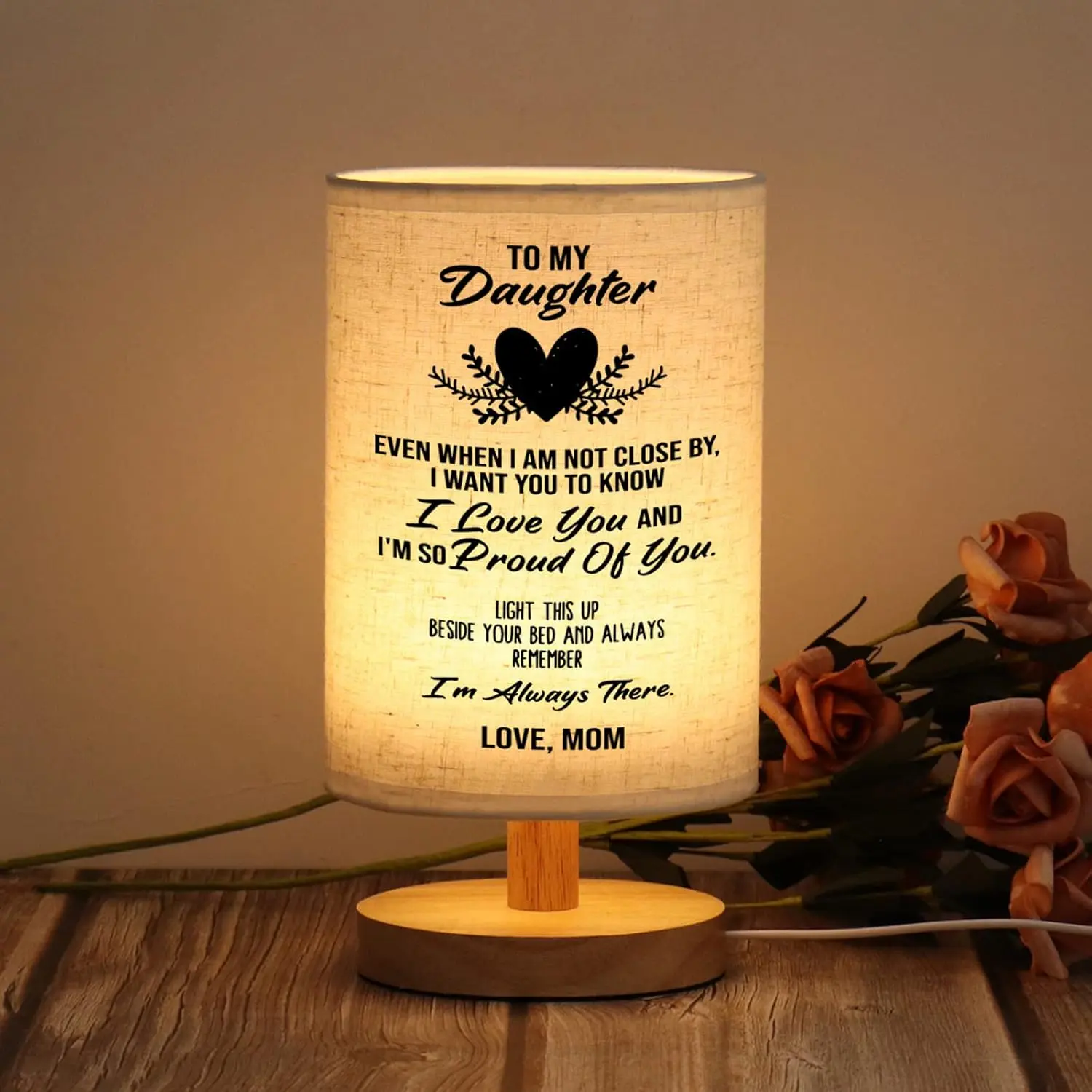 Soft Compact Flaxen Fabric Table Lamp with Wood Base, USB Port, USB Cable - 10.24" x 5.51" Warm Light Bedroom Table Lamps, Birthday Commemorative Gift for Kid Room Home Festive Decor, Country Rustic