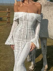 Elegant One-Shoulder Lace Long Dress, Sexy Waist Cinching Design, Flare Sleeve Party Gown, Fashionable Evening Wear, Formal Womenswear