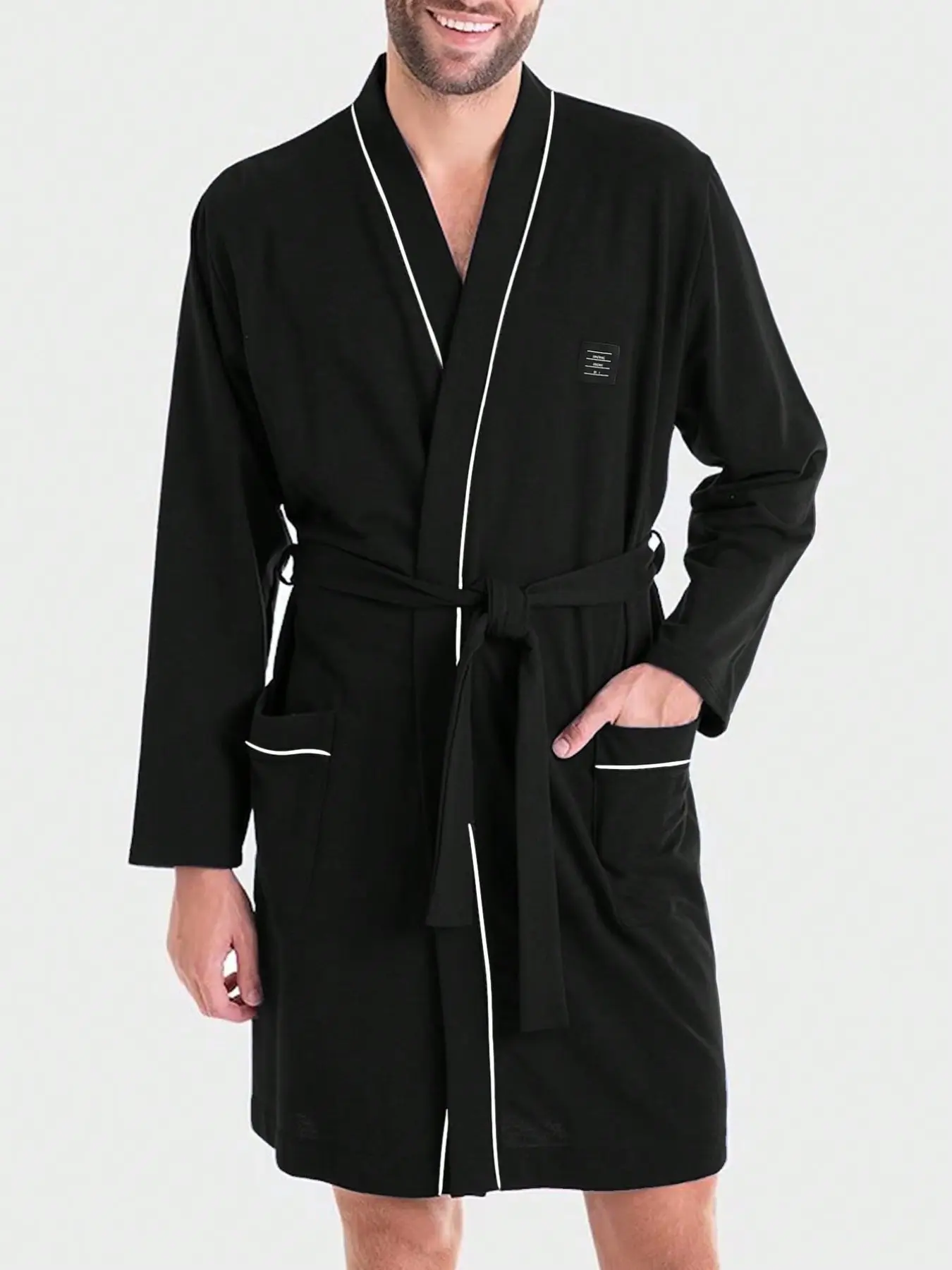 Men's Long Sleeve Sleeprobe, Aesthetic Colorblock Binding, V-Neck Design, Waist Tie, Pockets, Comfortable Skin-Friendly Home Bathrobe, Belted Robe, Nightwear, Loungewear, Menswear