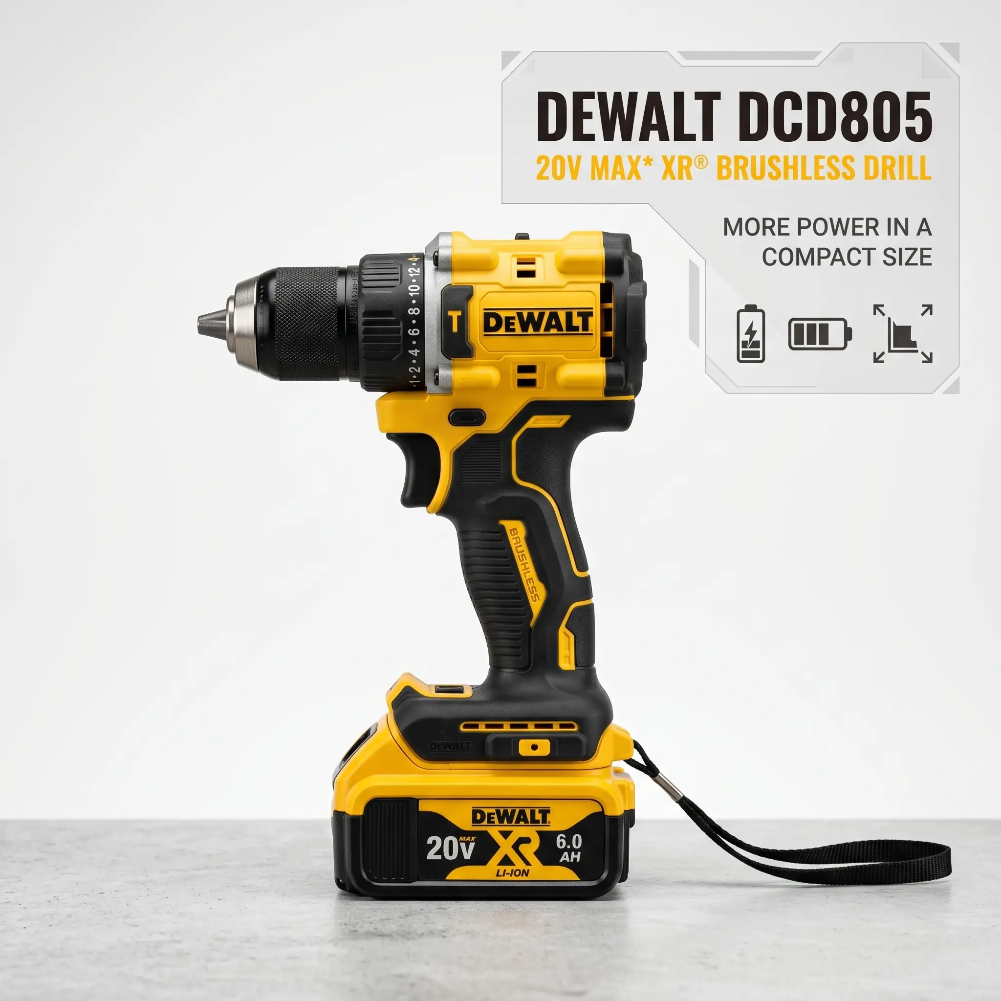 DEWALT 20V XR Brushless Cordless Drill Driver (DCD805) - 2-Speed Transmission, Front Work LED, Ultra Short Compact Frame for Narrow Spaces, Wood/Metal Drilling, DCB612 Lithium-Ion Battery, 2-Inch Drive Pad