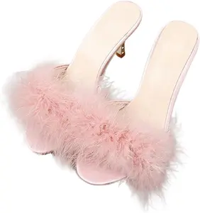 Blush Pink Fur Heels - 2" Heel Height, Non-Slip TPR Rubber Outsole, Fluffy Soft Feather Design, Perfect for Show Party Dance Date Nightclub Casual Homecoming