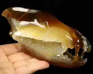 6.5" Premium Brazilian Agate Geode Carved Crystal Wolf Skull, Crystal Healing