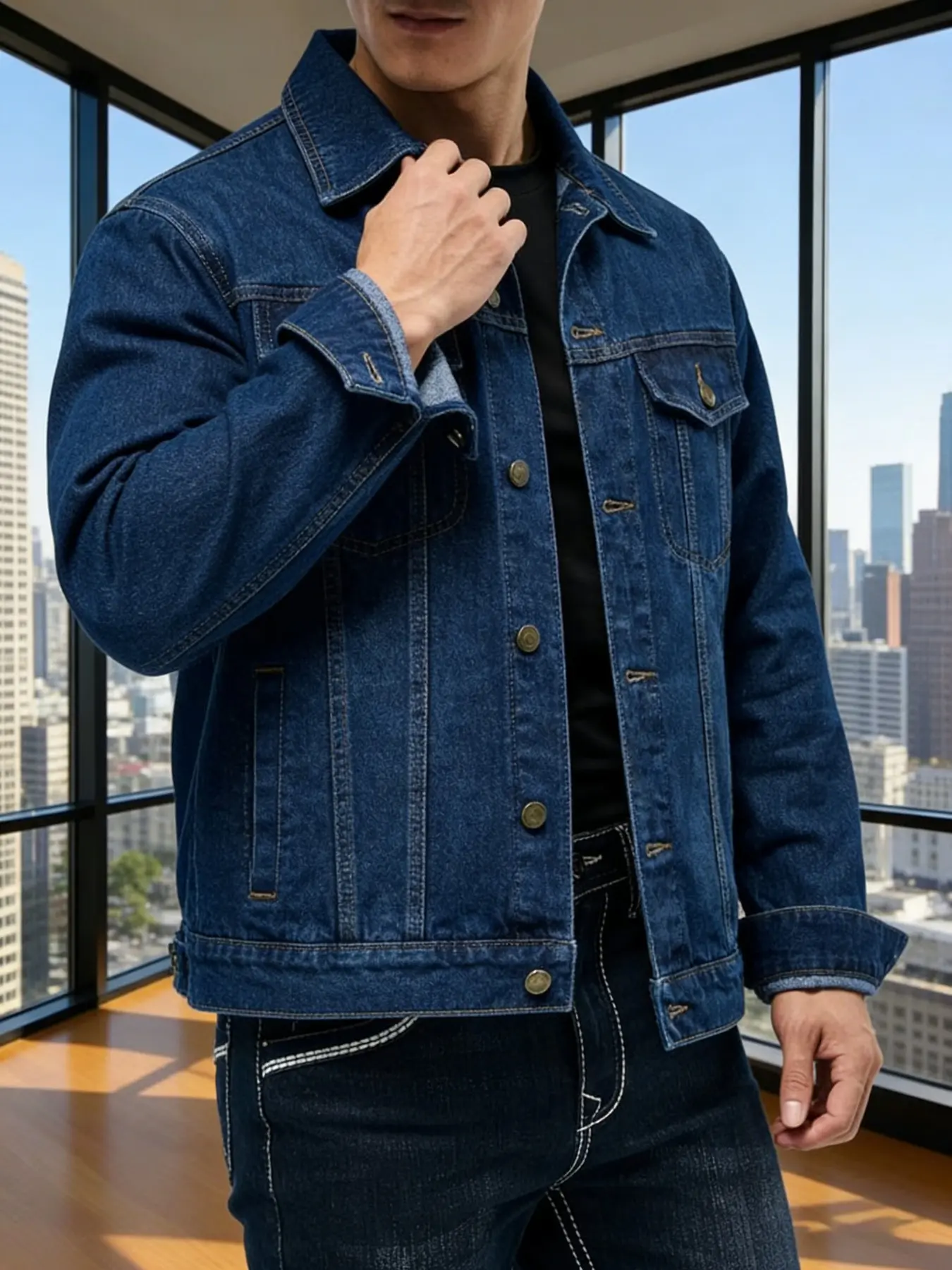 Men's Classic Denim Jacket, Street Fashion Outerwear, with notched lapel design, casual street-style coat features functional pockets, embodying urban aesthetic, versatile everyday top, making it a gift for boyfriends or husbands