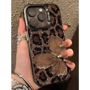 Leopard-patterned butterfly pattern TPU laser-engraved phone case, compatible with iPhone 17 Pro Max, 16 Pro Max, 15 Pro, 14, 13, 12, and 11.  Stylish, shockproof, and lightweight protective case with protective features.