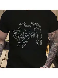 Matisse's new summer short-sleeve T-shirt for men and women, featuring dancing dogs and pigs, art-inspired pure cotton top, couple's trendy outfit