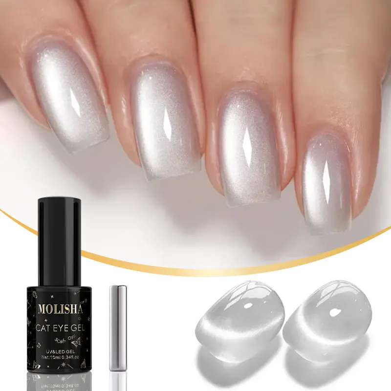 Silver Glam Cat Eye Gel Fingernail Polish, 0.34 Fl Oz Soak-Off UV LED Glossy Shine Nail Care Polish - Easy Removal, Salon-Look for Women - Painting Gel for Nail Art Manicure Use
