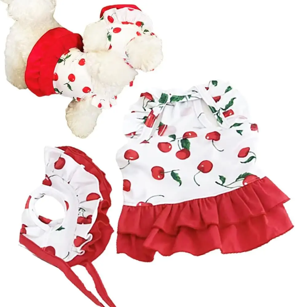 Dog One Piece Swimwear Bright Plaid Bikini Style Dog Cooling Shirt with Sun Cap Hat Pet Beach Swimsuit Puppy Bathing Dress (Large, Cherry)