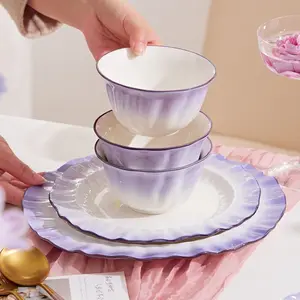 T16. New Gradient Ceramic Tableware Set — Elegant Dinner Bowls, Plates, and Chopsticks for Home Kitchen