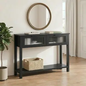 Entryway Console Table, 47.2" Narrow Sofa Table for Behind Couch with Glass-Front Drawers, 2-Tier Open Shelf, Farmhouse Hallway Table, Black