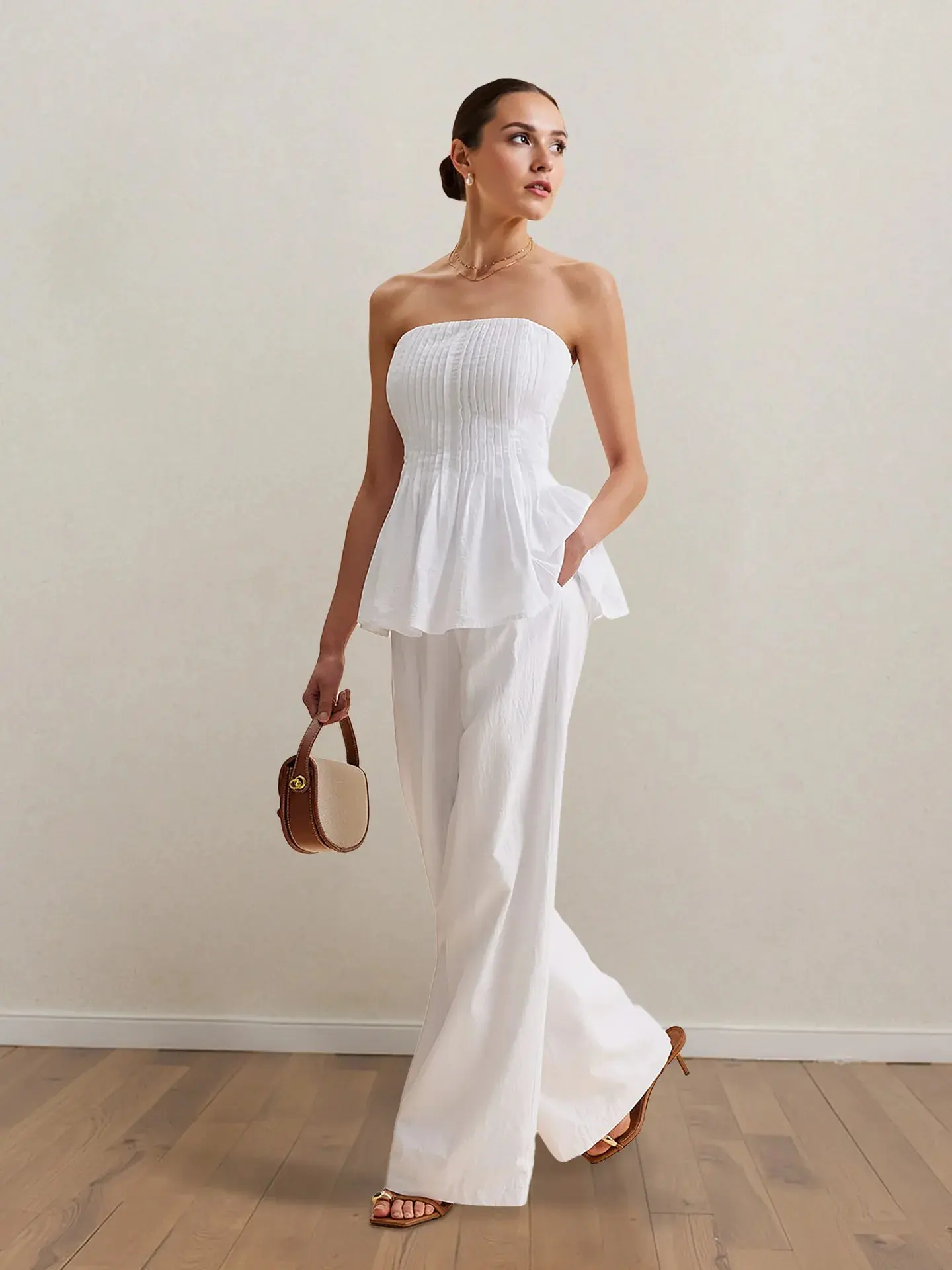 Strapless Peplum & Wide Leg Pants Set