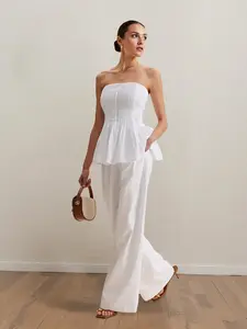 Strapless Peplum & Wide Leg Pants Set
