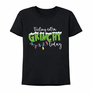 Feeling Extra Grinchy Today T-Shirt Black Short Sleeve Top with Festive Christmas Lights Graphic for Women Comfortable Fit All-Day Wear Casual Womenswear Ideal for Holiday Outings Streetwear Everyday