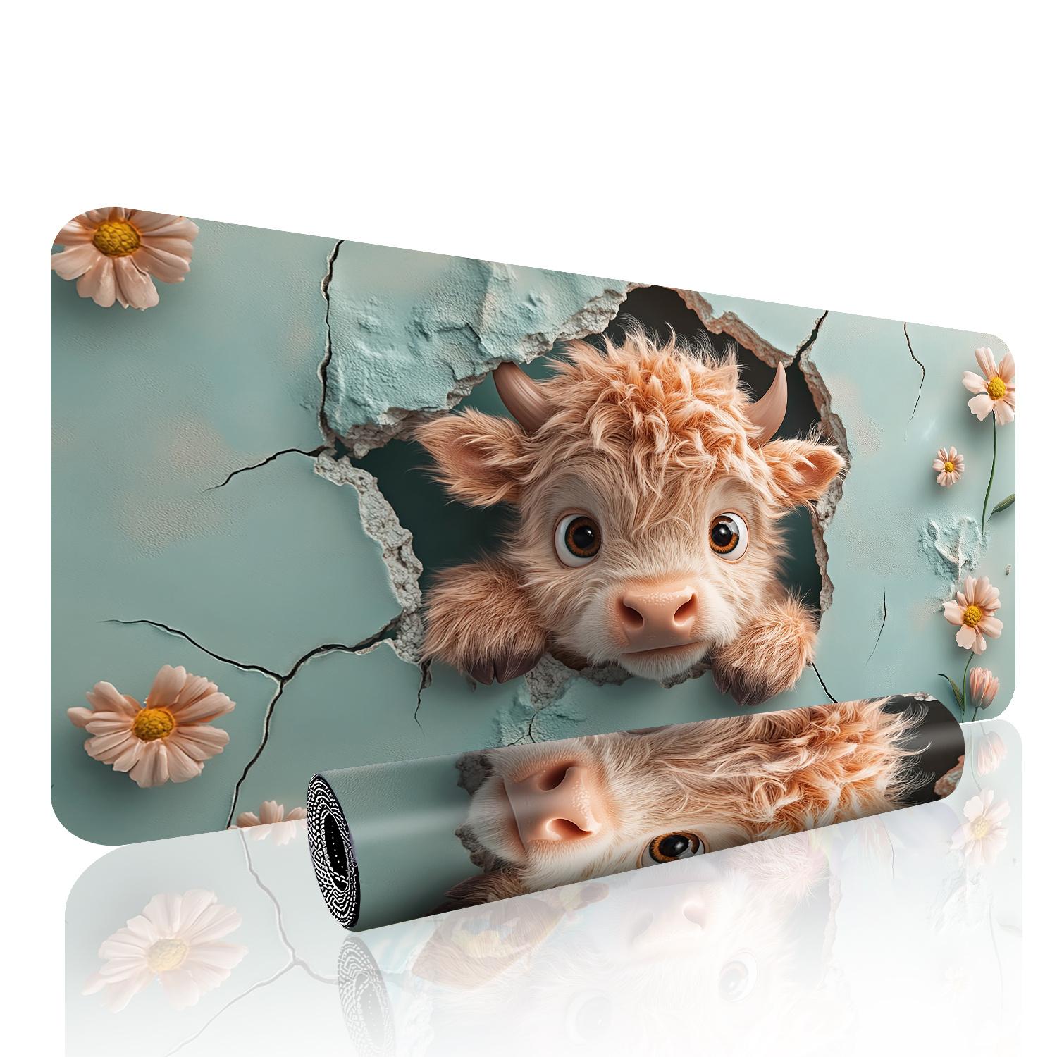 1pc Cute Highland Cow Scottish Cow Desk Mat |   Non-Slip Mouse Pad & Keyboard Cover, Turquoise Cracked Ice-like Texture with Pink Flowers, Soft Blue Computer Accessory for Office, Room, Reusable Desk, 2D Flat