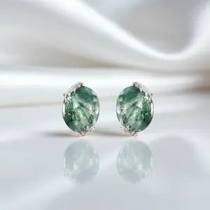 Elegant Natural Moss Agate Stud Earrings