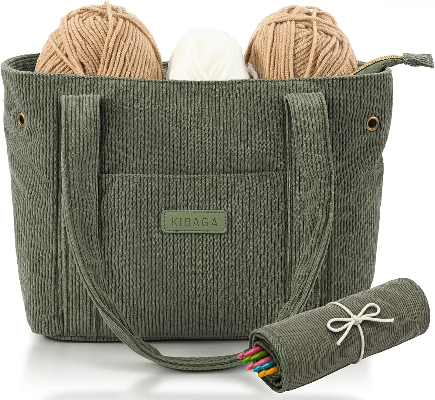 KIBAGA Stylish Yarn Bag for Crochet and Knitting Projects - Corduroy Crochet Organizer with 4 Interior Pockets and Yarn Holes - Perfect for Storing Hooks, Needles and Crafting Accessories Gift