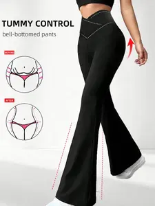 Women's High Elasticity Polyester Yoga Pants, Yoga Bottoms, Cross-Waist Casual Long Solid Sports Leggings, Fitted Knit Wide-Leg Sweatpants for Fitness and Leisure, Shaping Leggings