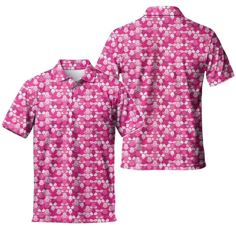 Pink All Over Print Golf Polo Shirt, Men's Breathable Short Sleeve Pique Polo, Casual Sportswear #PrintedPolo #GolfFashion #EverydayStyle #SportCasual