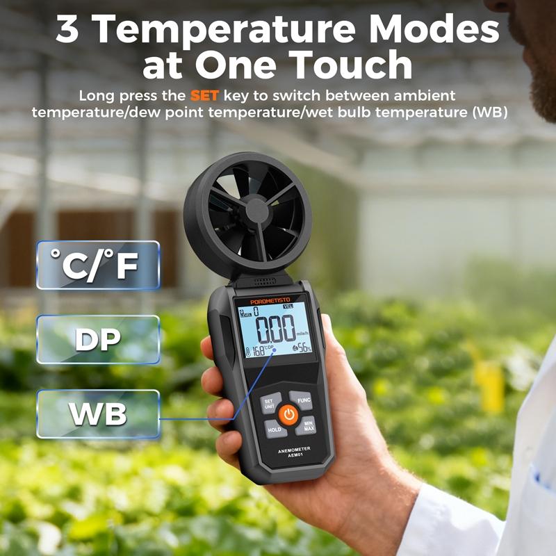 POROMETISTO AEM01 Digital Anemometer 0.8~40m/s Wind Speed Meter Handheld Humidity Air Velocity Airflow -20~60°C Temperature Test