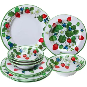 Strawberry Melamine Dinnerware Sets-12pcs Plates and Bowls Set, Lightweight/Unbreakable Camping Dishes Set for 4, Cute Kitchen Dinner Set for Indoor Outdoor Use